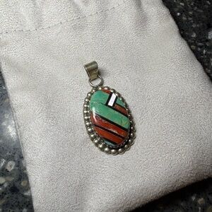 Sterling Silver Pendant with Turquoise and Coral Inlay